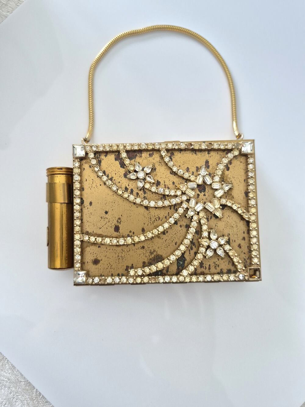 Vintage 1940s Gold-tone Rhinestone Compact Lipstick and Cigarette Case Purse